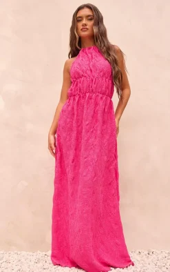 Fuchsia Textured Tiered Halterneck Maxi Dress