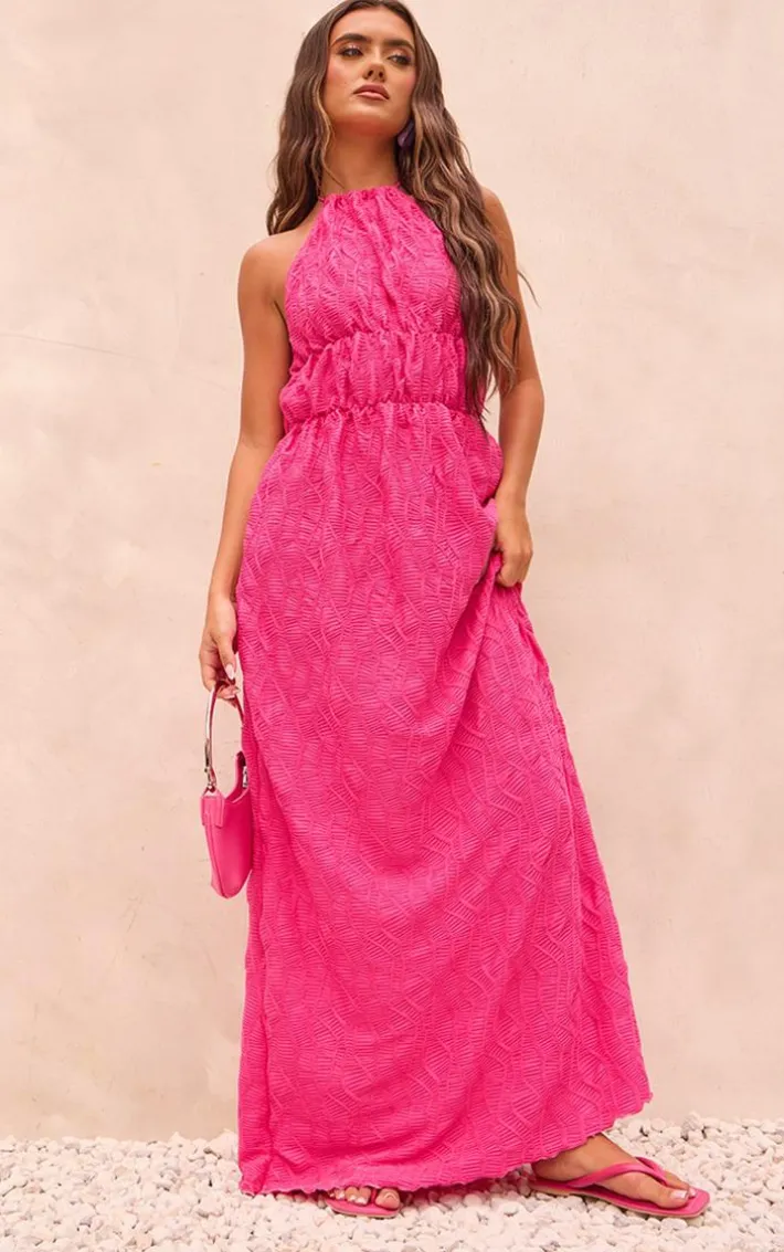 Fuchsia Textured Tiered Halterneck Maxi Dress