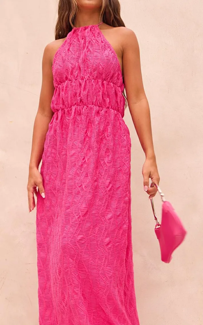 Fuchsia Textured Tiered Halterneck Maxi Dress