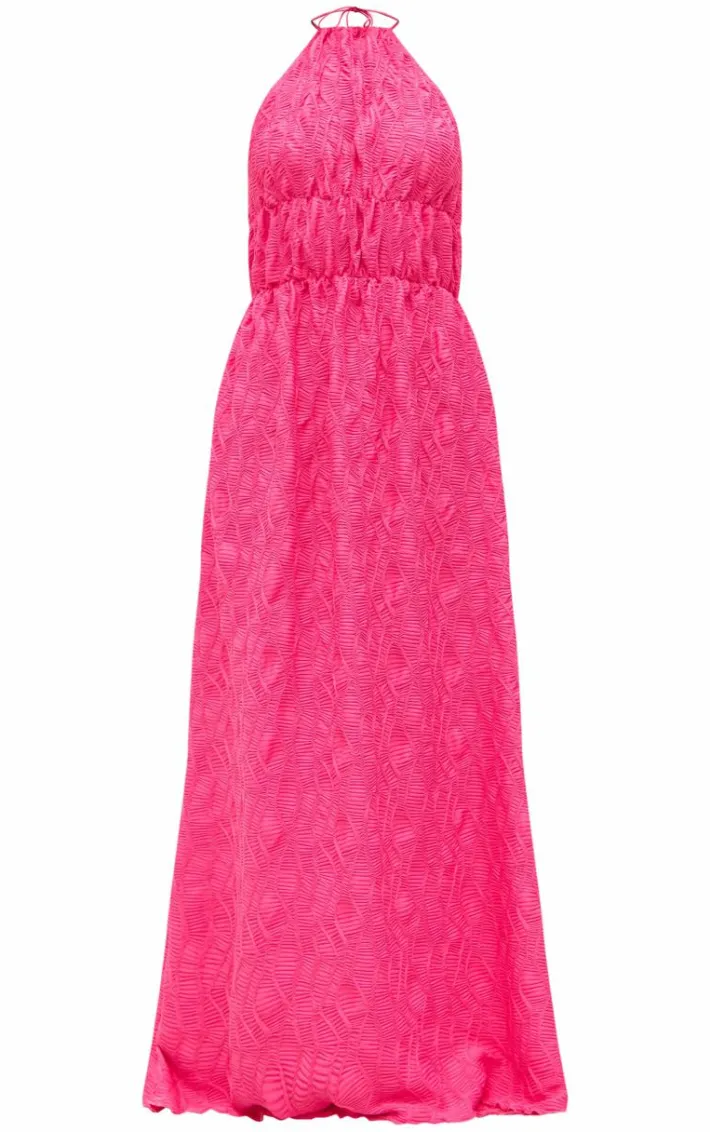 Fuchsia Textured Tiered Halterneck Maxi Dress