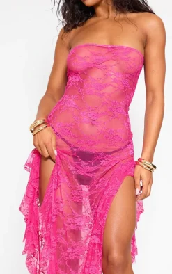 Fuschia Lace Bandeau Split Leg Frill Edge Maxi Dress
