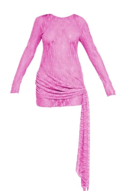 Fuschia Lace Boat Neck Long Sleeve Wrap Bodycon Dress