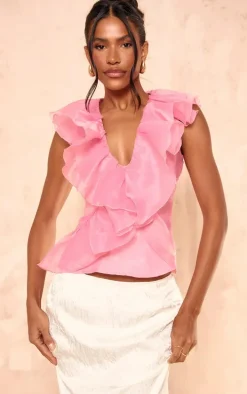 Fuschia Organza Extreme Ruffle Plunge Top