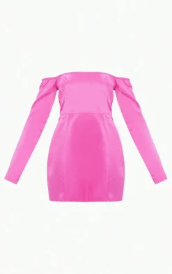 Fuschia Satin Corset Bardot Bodycon Dress