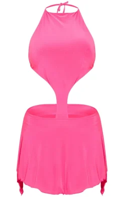 Fuschia Slinky High Neck Cut Out Shift Dress