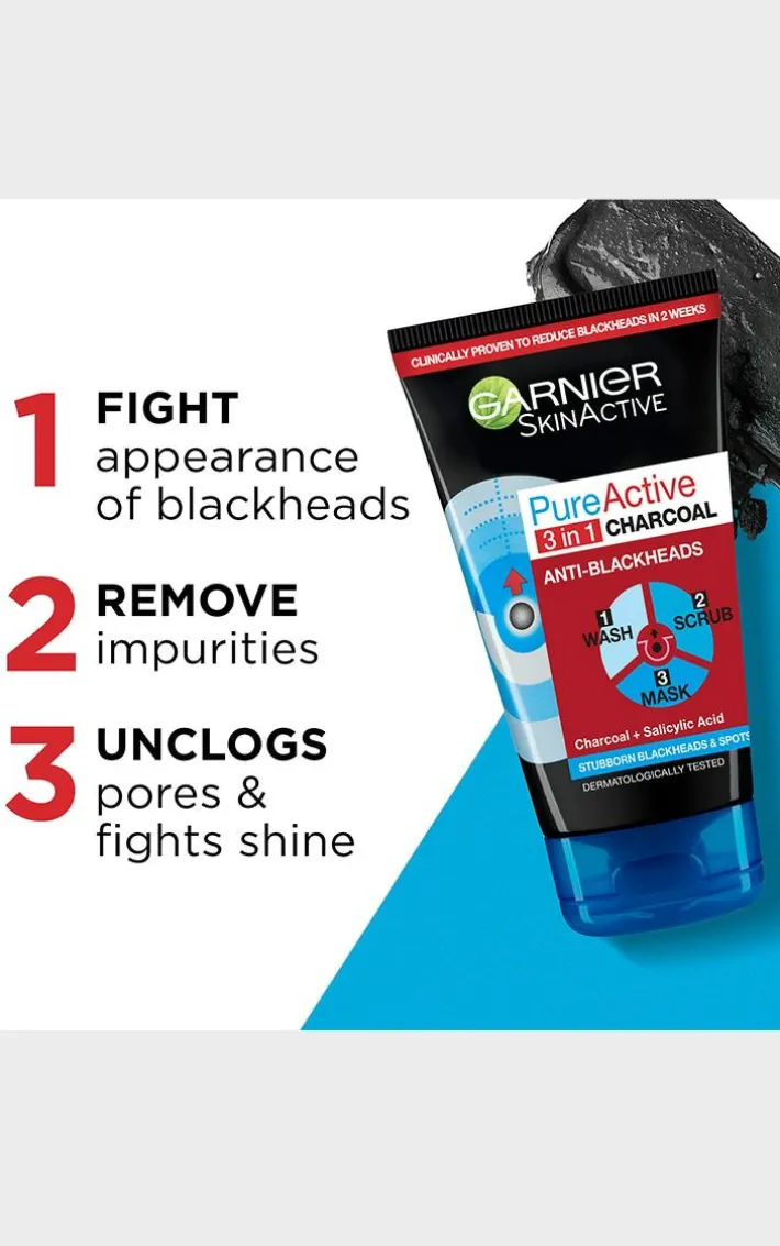 Garnier Pure Active 3in1 Blackhead Mask-Wash-Scrub 150ml Face Cleanser