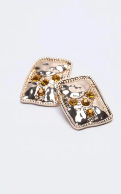 Gold Abstract Diamante Stud Earrings