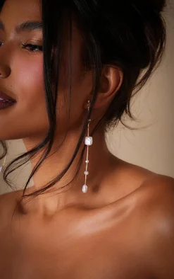 Gold Abstract Pearl Detail Tassel Earrings