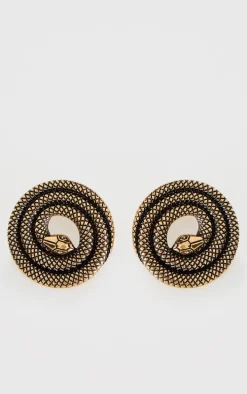 Gold Burnished Spiral Snake Statement Earrings