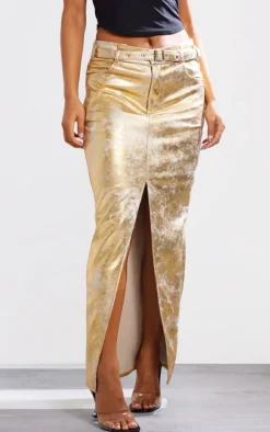 Gold Coated Split Back Maxi Skirt