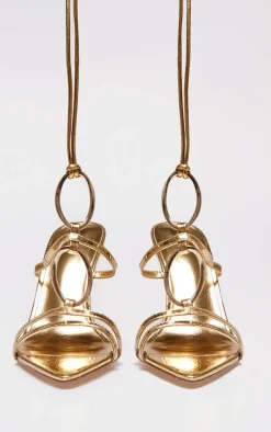 Gold Croc Pu Point Toe Ring Detail Lace Up Heeled Sandals