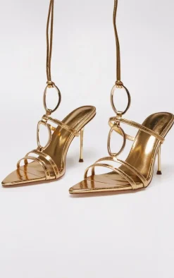 Gold Croc Pu Point Toe Ring Detail Lace Up Heeled Sandals