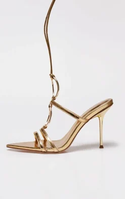 Gold Croc Pu Point Toe Ring Detail Lace Up Heeled Sandals
