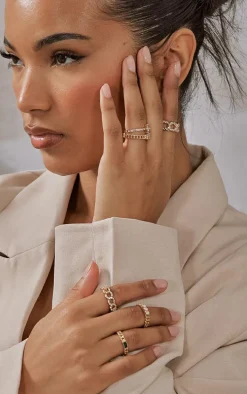 Gold Crystal Multi Chain Six Pack Stacking Rings