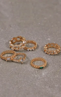 Gold Crystal Multi Chain Six Pack Stacking Rings