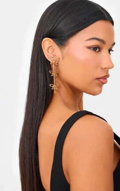Gold Diamante Butterfly Statement Drop Earrings