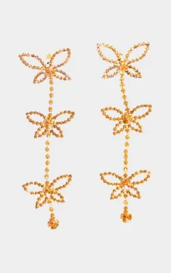 Gold Diamante Butterfly Statement Drop Earrings