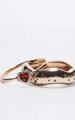 Gold Diamante Heart Detail 2 Pack Bangles