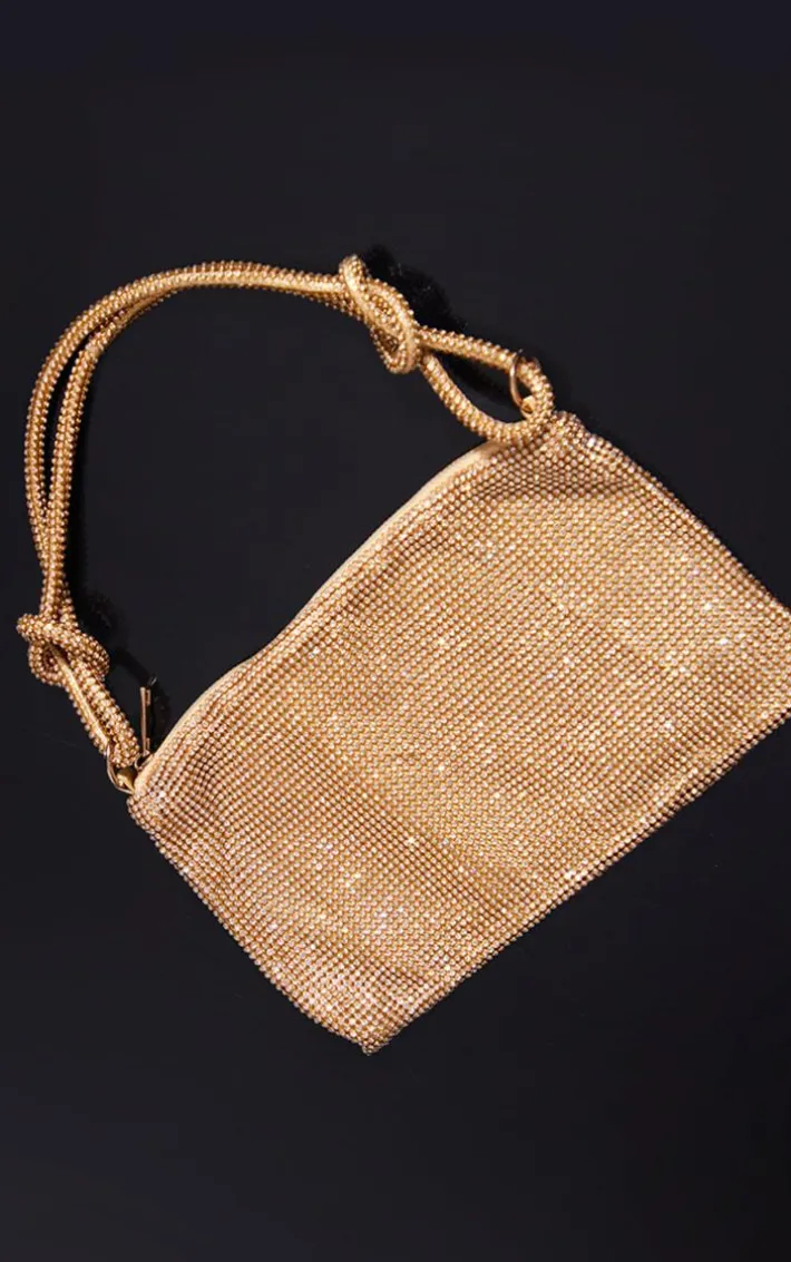 Gold Diamante Knot Handle Slouchy Shoulder Bag