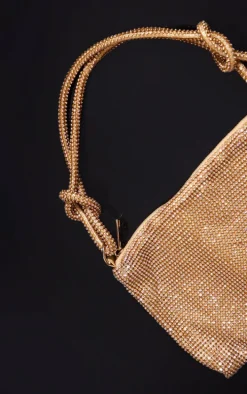 Gold Diamante Knot Handle Slouchy Shoulder Bag