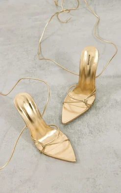 Gold Faux Leather Metallic Pointed Knot Detail Tie Up Heeled Sandals