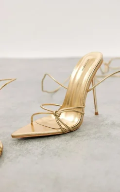 Gold Faux Leather Metallic Pointed Knot Detail Tie Up Heeled Sandals