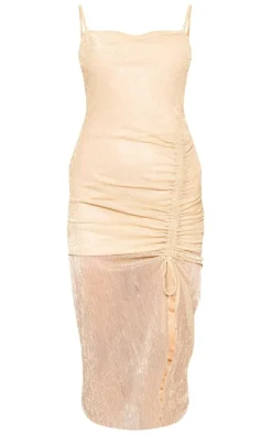 Gold Glitter Plisse Ruched Midi Dress