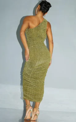 Gold Glitter Plisse Ruched One Shoulder Midi Dress