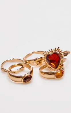 Gold Heart And Jewel Crinkle Multipack Rings