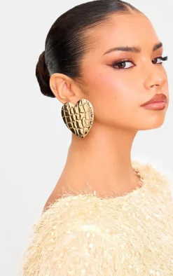 Gold Heart Croc Embossed Statement Earrings