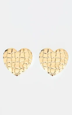 Gold Heart Croc Embossed Statement Earrings