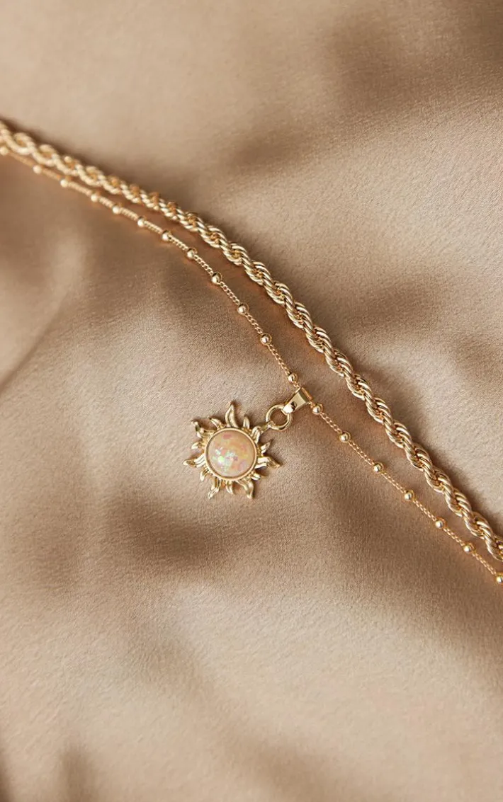 Gold Iridescent Sun Pendant Layered Necklace
