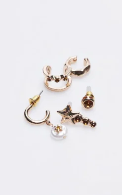 Gold Jewel Star And Pearl Multipack Earrings