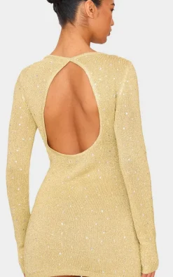 Gold Lurex Knit Gem Detail Open Back Mini Dress