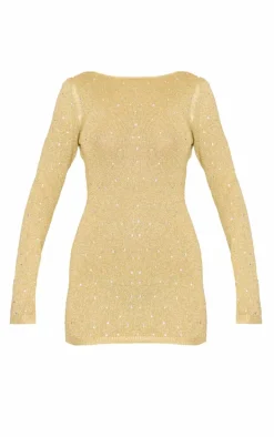Gold Lurex Knit Gem Detail Open Back Mini Dress