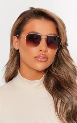 Gold Metal Square Frame Aviator Sunglasses