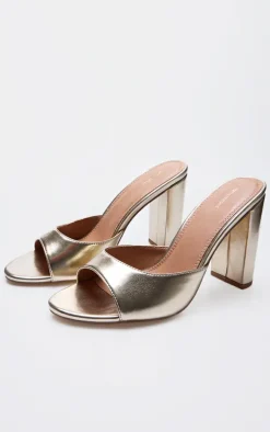 Gold Metallic Basic Block Heeled Mule Sandals