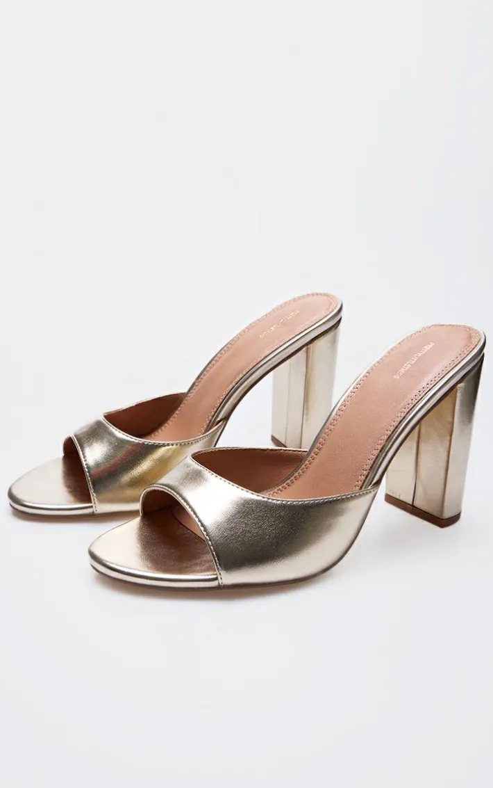 Gold Metallic Basic Block Heeled Mule Sandals