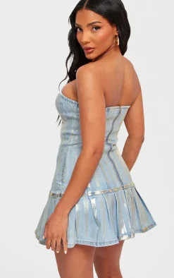 Gold Metallic Coated Denim Bandeau Skater Dress