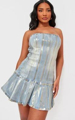 Gold Metallic Coated Denim Bandeau Skater Dress