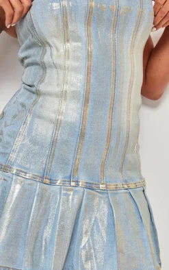 Gold Metallic Coated Denim Bandeau Skater Dress