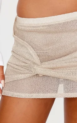 Gold Metallic Knit Knot Detail Mini Skirt