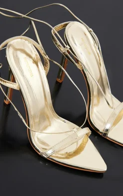 Gold Metallic Pu Point Toe Lace Up High Heeled Sandals