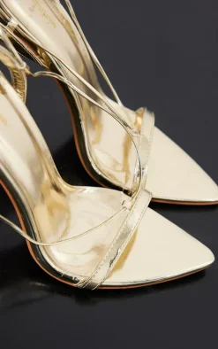 Gold Metallic Pu Point Toe Lace Up High Heeled Sandals
