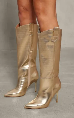 Gold Metallic Pu Point Toe Western Knee High Stiletto Heeled Boots
