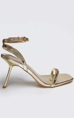 Gold Metallic PU Square Toe Barely There Buckle Heel Sandals