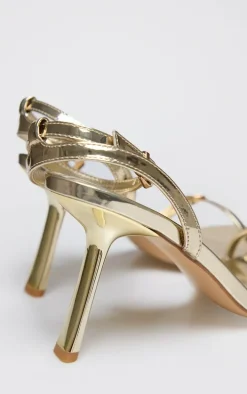 Gold Metallic PU Square Toe Barely There Buckle Heel Sandals