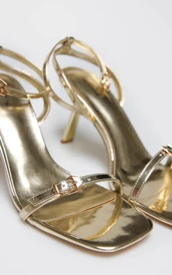 Gold Metallic PU Square Toe Barely There Buckle Heel Sandals