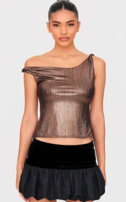 Gold Metallic Textured Twist Shoulder Long Top