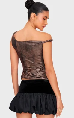 Gold Metallic Textured Twist Shoulder Long Top